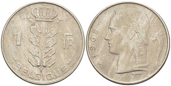 БЕЛЬГИЯ 1 ФРАНК 1968 BELGIQUE, БОДУЭН I (1951-1993) KM 142.1 медно-никель 213-523