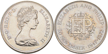 Великобритания 25 пенсов 1972 25 лет со дня свадьбы Елизавтеы II И Филлипа (1947-1972) KM 917, Spink 4226 медно-никель UNC 4558-424