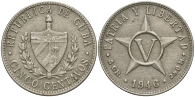 КУБА 5 СЕНТАВО 1946 ЗВЕЗДА, ПЕРВАЯ РЕСПУБЛИКА KM 11.3 медно-никель 98-735