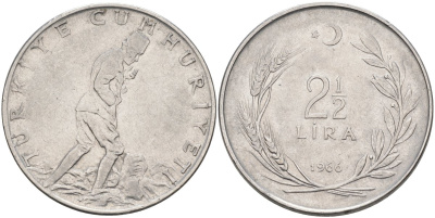 Турция 2 1/2 лиры 1966 KM 893.1 нержавеющая сталь 4574-1042