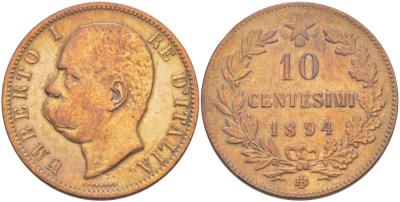 Италия 10 чентезимо 1894 B/I, Умберто I (1878-1900) KM 27.1 медь 4526-1012