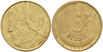 БЕЛЬГИЯ 5 ФРАНКОВ 1987 BELGIE KM 164 латунь или алюминиевая бронза 4589-816