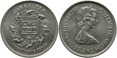 Гибралтар 25 пенсов 1977 25 лет правления Елизаветы II (1952-1977) KM 10 медно-никель UNC 4184-1114