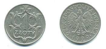 ПОЛЬША 1 ЗЛОТЫЙ 1929 w KM 14 никель 4383-226