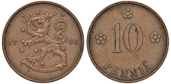 Финляндия 10 пенни 1939 KM 24 медь 51-3147