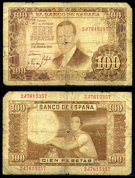 Испания 100 песет 1953 7 апреля 1953, Хулио Ромеро де Торрес Pick 145а бумага 7219-9-2-2
