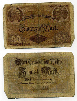 ГЕРМАНИЯ 20 МАРОК 1914 6 значный номер Pick 48 a бумага 6293-11-3