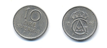Швеция 10 эре 1963 Густав VI Адольф (1950-1973) KM 835 медно-никель 51-5218