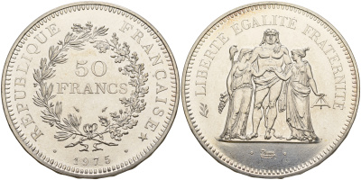 Франция 50 франков 1975 богини Равенства и Братства, Геркулес KM 941.1 серебро UNC 00-000-00