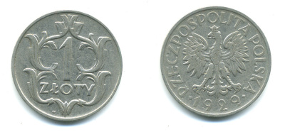 ПОЛЬША 1 ЗЛОТЫЙ 1929 w KM 14 никель 4383-226