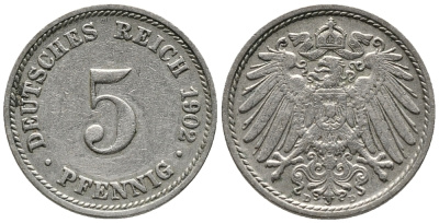ГЕРМАНИЯ 5 ПФЕННИГОВ 1902 D KM 11, J. 12 медно-никель 39-758