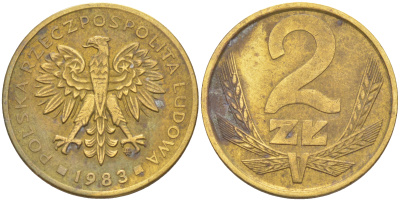 ПОЛЬША 2 ЗЛОТЫХ 1983 MW KM 80.1 латунь 3309-645