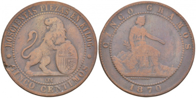 Испания 5 сентимо 1870 ОМ, лев со щитом KM 662 (Y53) медь 3853-1234