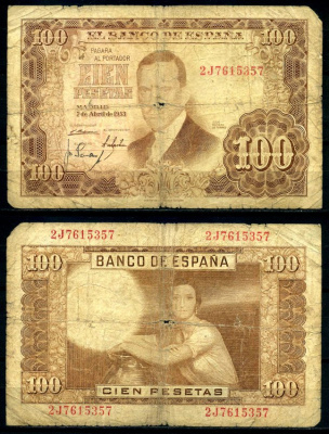 Испания 100 песет 1953 7 апреля 1953, Хулио Ромеро де Торрес Pick 145а бумага 7219-9-2-2
