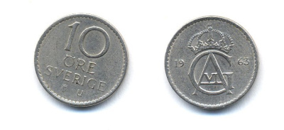 Швеция 10 эре 1963 Густав VI Адольф (1950-1973) KM 835 медно-никель 51-5218