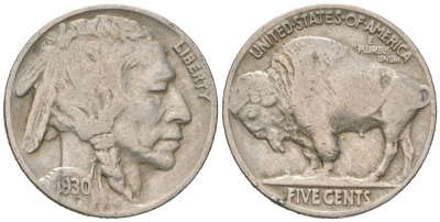 США 5 центов 1930 индеец, бизон KM 134 медно-никель 4614-1142
