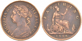 Великобритания 1 фартинг 1886 Виктория (1837-1901) KM 753, Spink 3958 бронза 1515-1943
