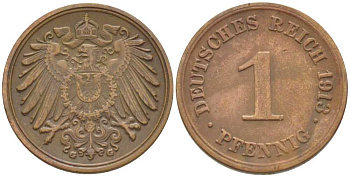 ГЕРМАНИЯ 1 ПФЕННИГ 1913 G KM 10, J. 10, Weege 2 медь 206-429