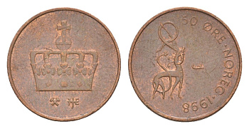 Норвегия 50 эре 1998 Харальд V (1991-) KM 460 бронза 4632-1256