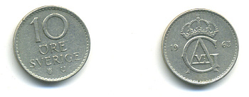Швеция 10 эре 1963 U Густав VI Адольф (1950-1973) KM 835 медно-никель 80-544