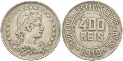 БРАЗИЛИЯ 400 РЕЙС 1918 ГОЛОВА СВОБОДЫ ВПРАВО KM 520 медно-никель 4517-1235