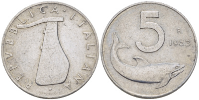 Италия 5 лир 1953 R, дельфин, плуг KM 92 алюминий 67-644
