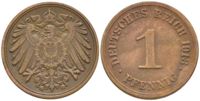 ГЕРМАНИЯ 1 ПФЕННИГ 1913 G KM 10, J. 10, Weege 2 медь 206-429