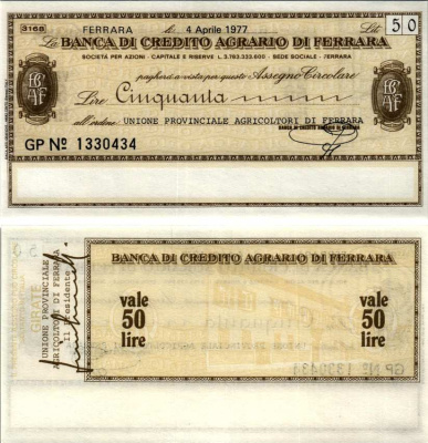 Италия 50 лир 1977 4 апреля 1977 Banca Di credito agrario Di ferrara бумага UNC (пресс) 7222-72-2-2