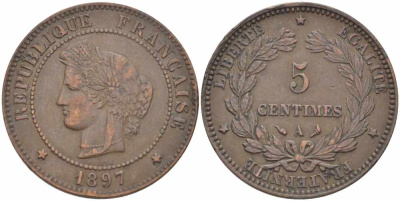 ФРАНЦИЯ 5 САНТИМОВ 1897 A, ТРЕТЬЯ РЕСПУБЛИКА (1871-1940) KM 821.1, LE FRANC 118.41 бронза 108-747