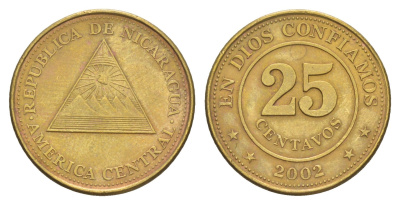 Никарагуа 25 сентаво 2002 KM 99 сталь плакированная латунью 4641-313