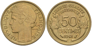ФРАНЦИЯ 50 САНТИМОВ 1941 ТИП MORLON KM 894.1, LE FRANC 192.18 алюминиевая бронза 44-432