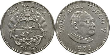 Тонга 2 паанга 1968 король Тауфа’ахау Тупоу IV KM 37 медно-никель  UNC 00-00
