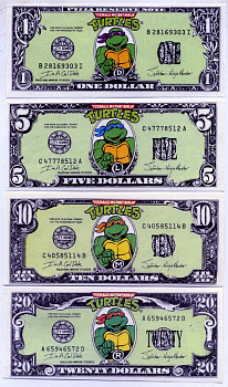 АМЕРИКА НАБОР ИЗ 4 БАНКНОТ ND (1, 5, 10, 20 ДОЛЛАРОВ) ЧЕРЕПАШКИ НИНЗЯ ОДНОСТОРОННИЙ ЦВЕТНОЙ ПРИНТ 113Х49 бумага UNC (ПРЕСС) 7146-60-2-1