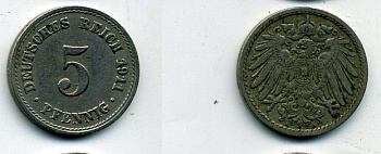 Германия 5 пфеннигов 1911 A KM 11, J. 12, Weege 6 медно-никель 25-837