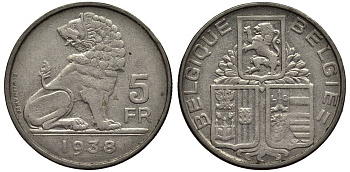 БЕЛЬГИЯ 5 ФРАНКОВ 1938 BELGIQUE-BELGIE KM 116.1 никель 27-552