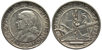 Сан-Марино 5 лир 1938 KM 9 серебро 27-535