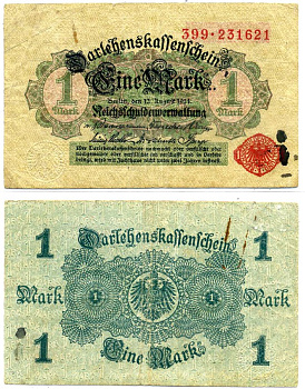 Германия 1 марка 1914 красная серия, выпуск 1917 Pick 51, Розенберг 51с бумага 2196-30-2-1