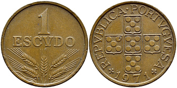 Португалия 1 эскудо 1971 KM 597 бронза 4394-735