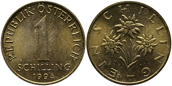 АВСТРИЯ 1 ШИЛЛИНГ 1994 KM 2886 алюминиевая бронза 33-455