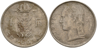 Бельгия 1 франк 1977 Belgie, Бодуэн I (1951-1993) KM 143 медно-никель 4156-633