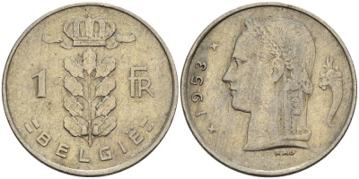 БЕЛЬГИЯ 1 ФРАНК 1953 BELGIE KM 143.1 медно-никель 4546-337