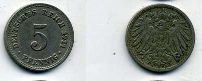 Германия 5 пфеннигов 1911 A KM 11, J. 12, Weege 6 медно-никель 25-837