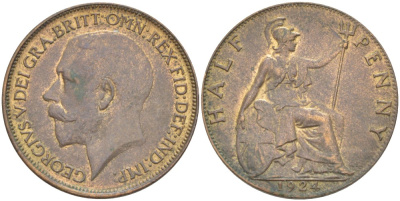 Великобритания 1/2 пенни 1924 Георг V (1910-1936) KM 809, Spink 4056 бронза 4514-816