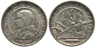 Сан-Марино 5 лир 1938 KM 9 серебро 27-535