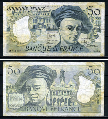 Франция 50 франков 1986 Морис Кантен де Латур, signatures: Strohl / Tronche / Dentaud Pick 152b бумага 8590-7-2-1