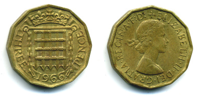 Великобритания 3 пенса 1966 Елизавета II (1952-2022) KM 900, Spink 4153 никель латунь 89-1446