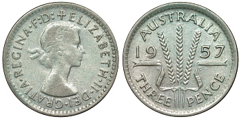 Австралия 3 пенса 1957 m, Елизавета II (1953-) KM 57 серебро 71-537