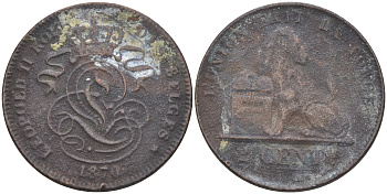 БЕЛЬГИЯ 2 САНТИМА 1870 BELGES KM 35.1 медь 106-422