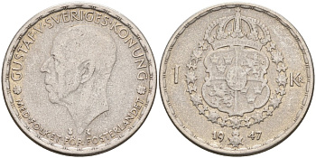 Швеция 1 крона 1947 TS, Густав V (1907-1950) KM 814 серебро 4591-337