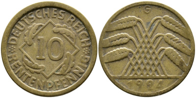 Германия 10 рентенпфеннигов 1924 G KM 33, J. 309, Weege 8 алюминиевая бронза 87-241